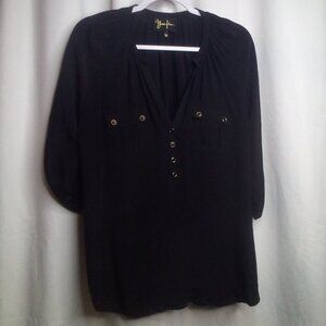 Yumi Kim Blouse Shirt M Women Short Sleeve Pockets Black 100% Silk